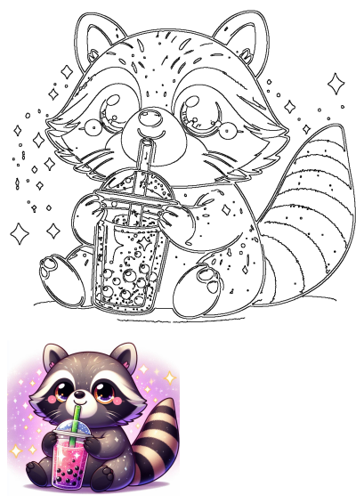 A sweet, animated raccoon enjoying a pink bubble tea with a green straw, set against a sparkling purple background. Perfect for kawaii lovers.
