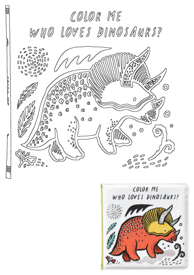 Badboek Color Me: Who Loves Dinosaurs? - Badspeelgoed Wee Gallery - In den Olifant. A cute colorable bath book featuring dinosaurs.
