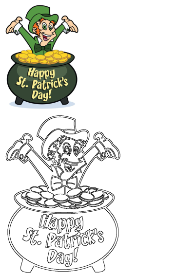Happy St. Patrick's Day leprechaun with a pot of gold. A cartoon illustration of a cheerful leprechaun above a pot overflowing with gold coins.