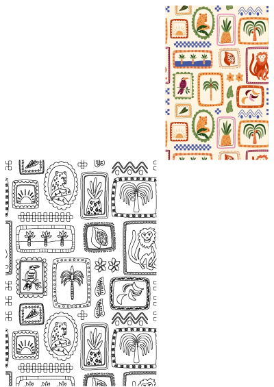 Animal themed wallpaper featuring framed illustrations of plants and animals like leopard,monkey, pineapple,palm,bird and other decorative elements.