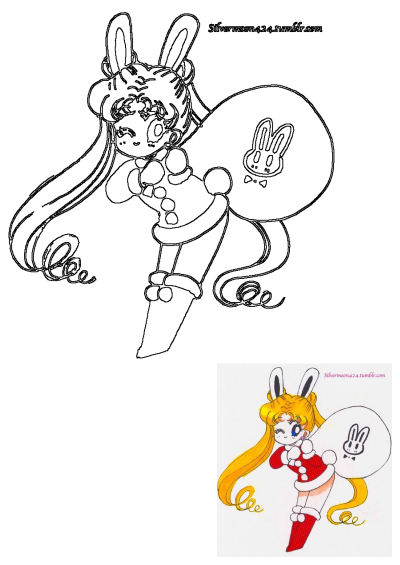 A festive cartoon character with bunny ears as alt description. Sailor Moon dressed in a Santa outfit with bunny ears and a bunny-themed sack.