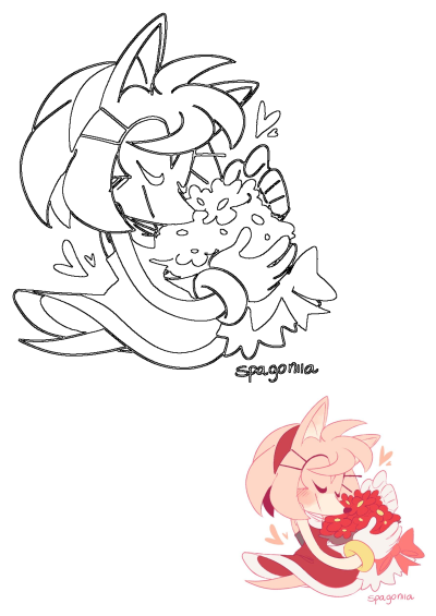 Amy Rose from Sonic the Hedgehog, depicted in a charming drawing, lovingly holds a beautiful bouquet of red and yellow flowers in her hands.