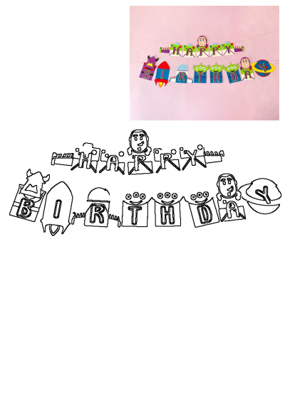 A happy birthday banner on a pink background with cut out letters spelling 'Happy Birthday', and cartoon characters from Toy Story hanging from it.