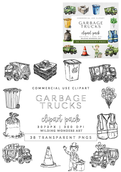 Garbage trucks clipart pack with watercolor PNGs for commercial use. Includes trucks, bins, garbage bag, and a sanitation worker. 