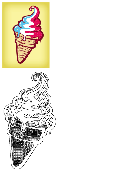An ice cream cone with blue and red swirls with stars on its top, with white ice cream in a yellow background. Sweet summer treat.