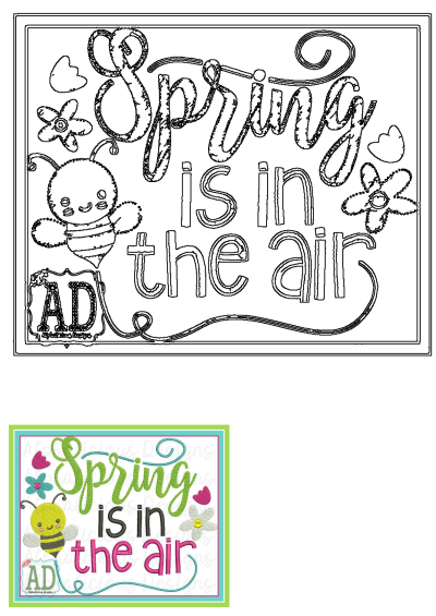 Cute embroidery design featuring a bee, flowers, and the phrase 'Spring is in the air', capturing the essence of the season.