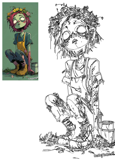 Zombie gardener wallpaper: detailed digital art featuring a quirky zombie character with a flower crown and gardening gear for your screen.