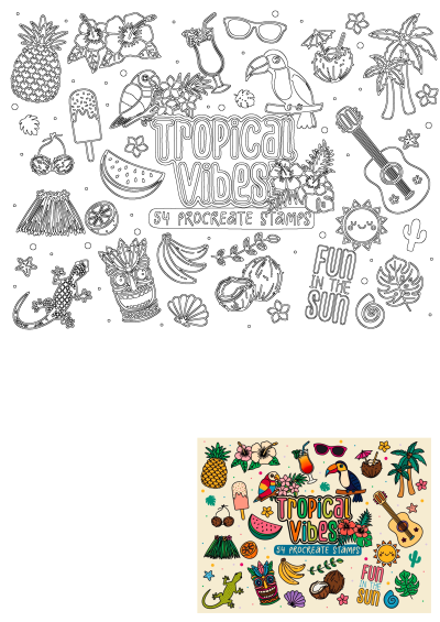 Tropical vibes sticker sheet with fun illustrations: pineapple, hibiscus, cocktail, toucan, ukulele, and 'Fun in the sun' phrase. 54 Procreate stamps included.