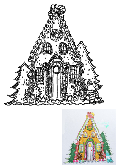 Detailed outline of a festive gingerbread house, adorned with icing, candy, and surrounded by Christmas trees, ideal for holiday projects.