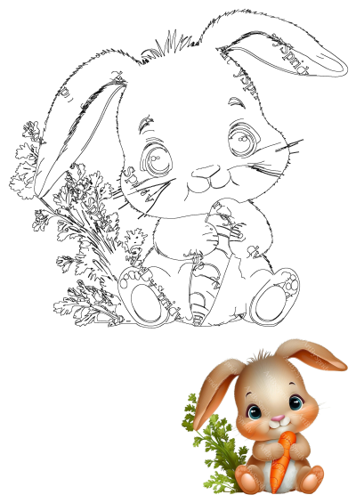 A cute little bunny holding a carrot, featuring an adorable animal illustration with big eyes, a carrot and green plants.