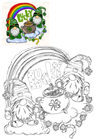 St. Patrick's Day design featuring two adorable gnomes with green hats, a rainbow, a pot of gold and shamrocks.  Celebrate with luck!