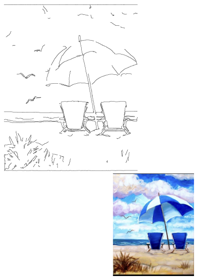 Painting of two blue beach chairs under a blue and white umbrella on a sandy beach. Seagulls fly across the sky.