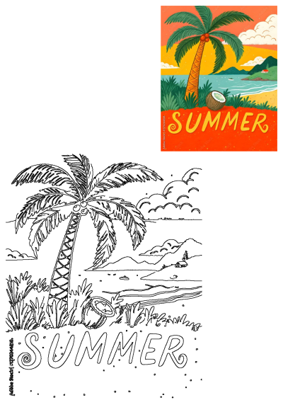 Summer illustration with a tropical vibe.  A palm tree, coconut, ocean, and beach create a perfect summer scene. Stock illustration evoking vacation vibes.