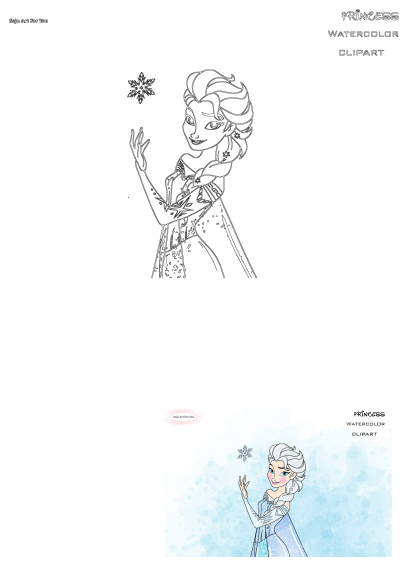 Frozen princess in watercolor style with snowflakes. Beautiful clipart illustration of the ice queen from Frozen creating a snowflake.