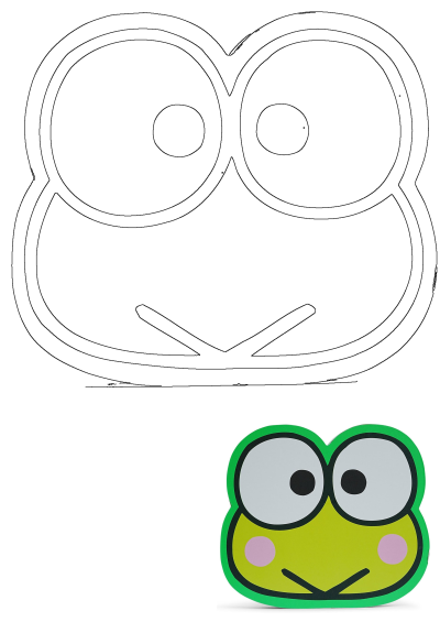 Close up of a green frog face on a white background, featuring adorable pink cheeks and big black eyes. A charming cartoon-style design.