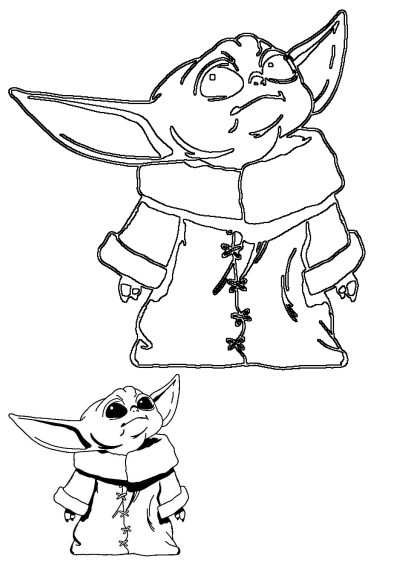 Black and white line art of Baby Yoda, or Grogu, from The Mandalorian. A cute illustration of the beloved character in his signature robe.