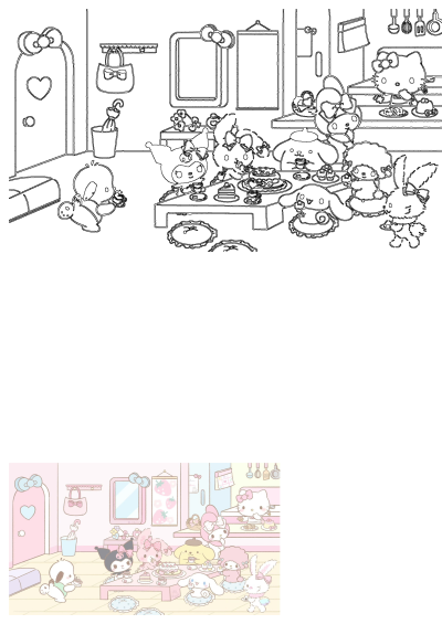 Cute Sanrio characters like Hello Kitty, My Melody, and friends having a pastel-themed tea party with cakes and sweets.