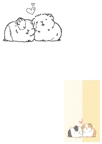 Two adorable guinea pigs laying next to each other on a yellow and white background with hearts. Charming cartoon illustration.