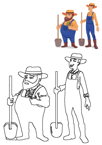 Cartoon illustration of two men in overalls and hats holding shovels. Friendly farmers ready for work in the field. Agriculture concept.