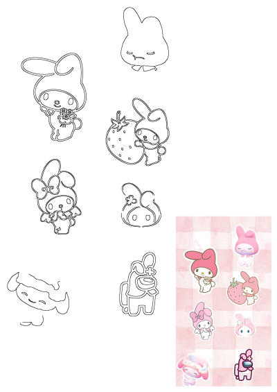 My Melody kawaii stickers on a pink and white checkered tablecloth. Various cute designs featuring the Sanrio character in different poses.