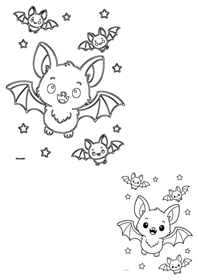 A cute bat illustration designed as a bat coloring page for Halloween, featuring multiple smiling bats and stars. Free coloring activity.