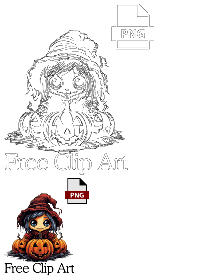 Free Halloween clip art featuring a cute witch wearing a red hat, sitting behind pumpkins. Perfect for Halloween crafts and DIY decorations.