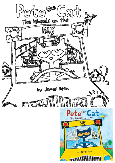 Cover image for the book 'Pete the Cat: The Wheels on the Bus'. Features Pete driving the bus, filled with cat passengers, by James Dean.