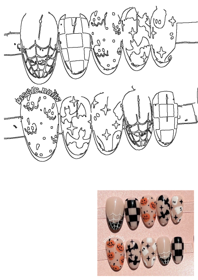 Halloween-themed nail art featuring spiderwebs, pumpkins, ghosts, bats, and checkered patterns on almond-shaped nails. Festive and spooky designs.