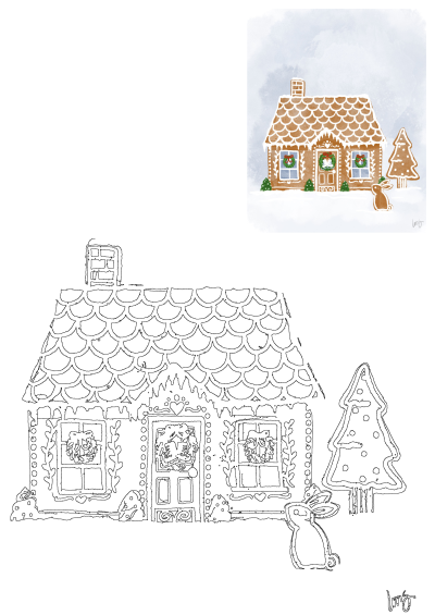 Festive gingerbread house illustration in snowy winter scene with bunnies and tree, alongside its line art outline.