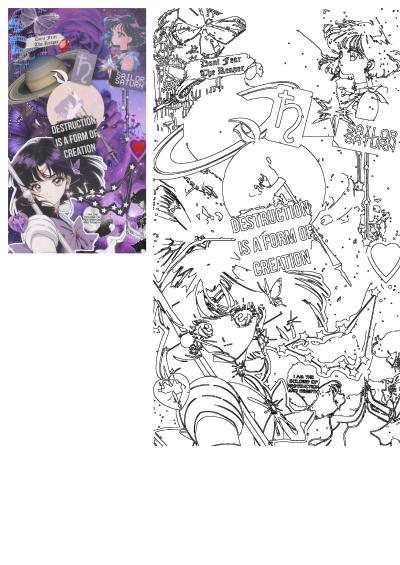 Anime collage featuring Sailor Saturn, planets, butterflies, and text saying 'Destruction is a form of creation'. Fan art aesthetic.