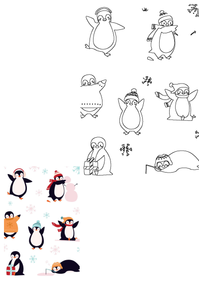 Cute penguins with hats, scarfs, and mittens depicted in a cartoon style illustration. Penguins playing in winter, making a snowman, holding gifts.