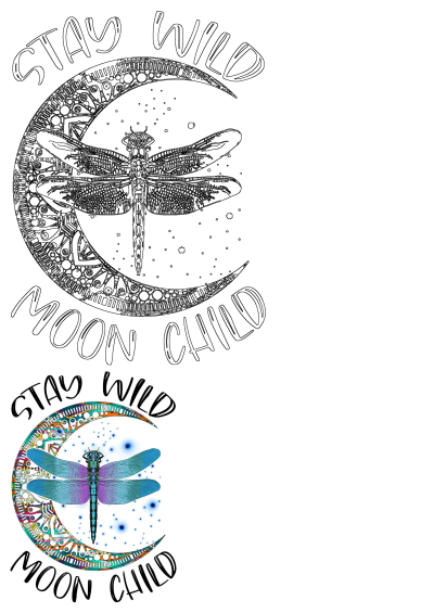 Colorful image of a dragonfly perched on a crescent moon with the phrase "Stay Wild Moon Child." Whimsical illustration with bohemian vibes.