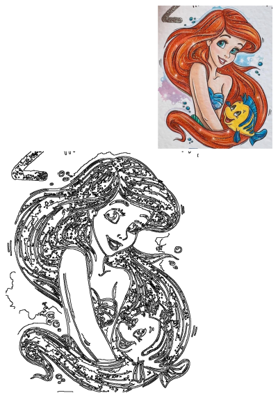 Ariel, the Little Mermaid, with flowing red hair, lovingly holding her friend Flounder the fish. A whimsical undersea image.