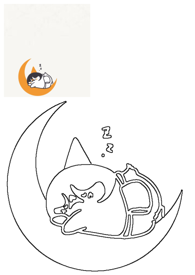 Cute cartoon of a cat sleeping soundly on the moon, resting its head on its back with eyes closed. Dreamy and peaceful illustration.