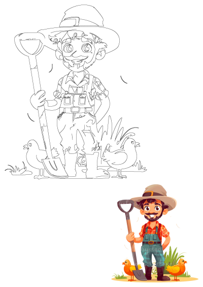 Cartoon illustration: A smiling man in overalls and hat holding a shovel, surrounded by cute chickens on the ground. A charming farm scene.