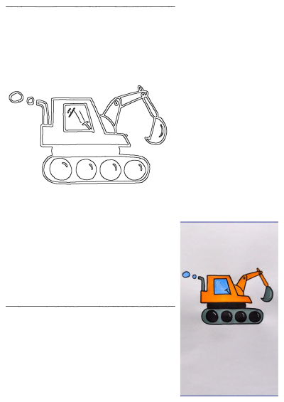 Cartoon drawing of an orange excavator construction vehicle with black tracks, ready to dig and build! Great for kids.