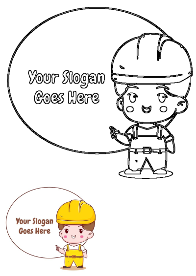 Cute cartoon of a little boy wearing a yellow hard hat and holding a sign that says 'Your Slogan Goes Here'. Ready to promote your message!