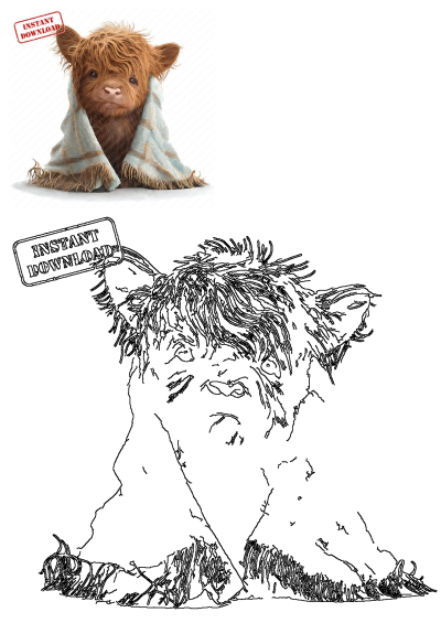 Adorable baby Highland cow wrapped in a blanket, perfect for nursery room decor. A cute, printable digital download for farmhouse lovers.