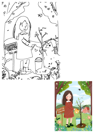 Illustration of a young girl watering a newly planted tree with a watering can on Earth Day, promoting environmental awareness. 