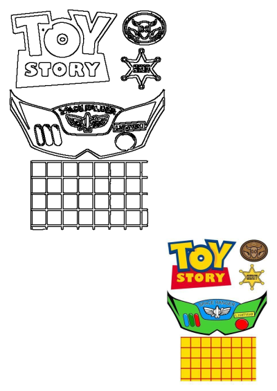 The Toy Story logo is shown with other toys and accessories on it's side, including a bullseye, sheriff star, Buzz Lightyear features.