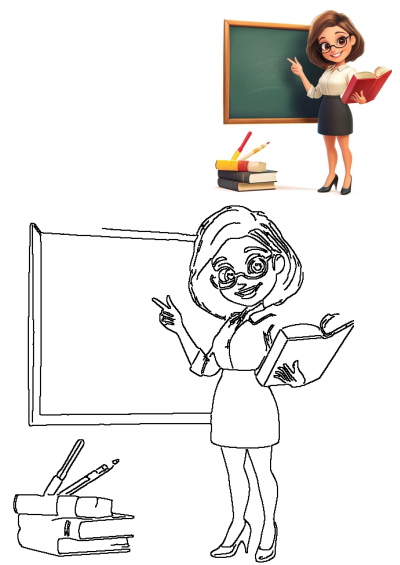 A cartoon image of a woman teacher standing in front of a chalkboard, holding a book, and with books and pencils on the desk. 