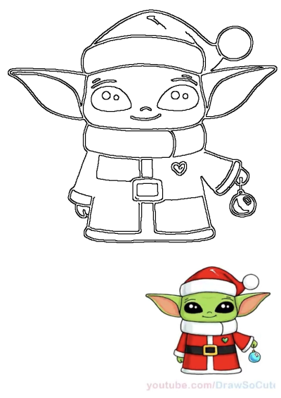 Cute drawing of Baby Yoda (Grogu) wearing a festive Santa hat and holding a Christmas ornament.  The perfect festive Star Wars image!