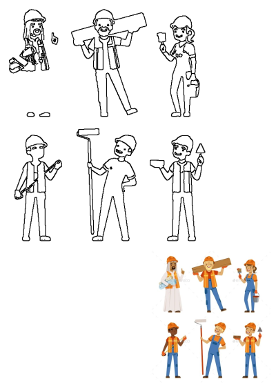 Construction worker in different poses illustrations: builders, painters, mason wearing safety equipment. People characters showing various jobs
