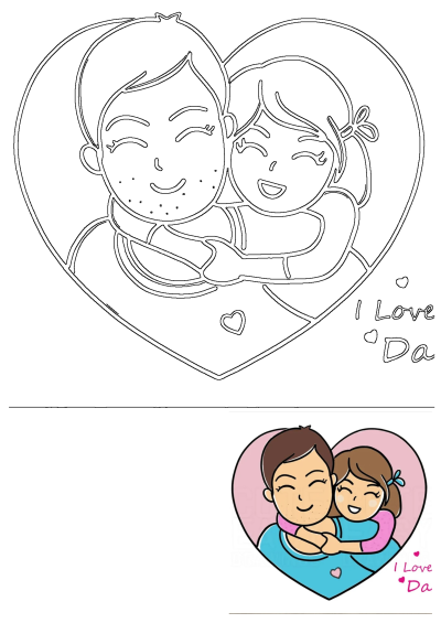 Cute cartoon image of a daughter hugging her dad with 'I Love Dad' message. Ideal for Father's Day cards and greetings.