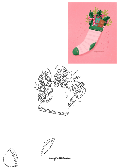 Vibrant Christmas stocking illustration brimming with a teddy bear, candy canes, gifts, and festive greenery on pink.