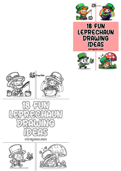 18 fun leprechaun drawing ideas from Artsy Cow for St. Patrick's Day, featuring cute cartoon leprechauns with pots of gold and shamrocks.