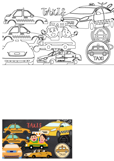 Cartoon depiction of taxis and taxi cabs in various styles, including one with passengers. Illustration of taxi cabs and taxis are depicted in this cartoon.