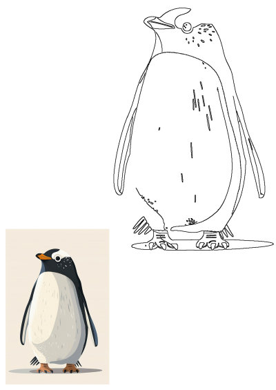 Illustration of a Gentoo penguin with its distinctive orange beak, standing upright against a light background. Striking black and white plumage.