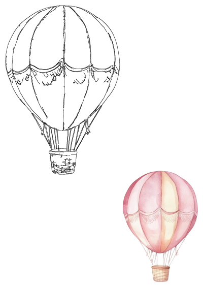 A charming watercolor illustration of a pink hot air balloon with a wicker basket. Soft pastel colors and a whimsical design.