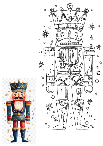 Vibrant watercolor nutcracker soldier, richly detailed with crown and uniform, presented with its black outline version for holiday crafts.